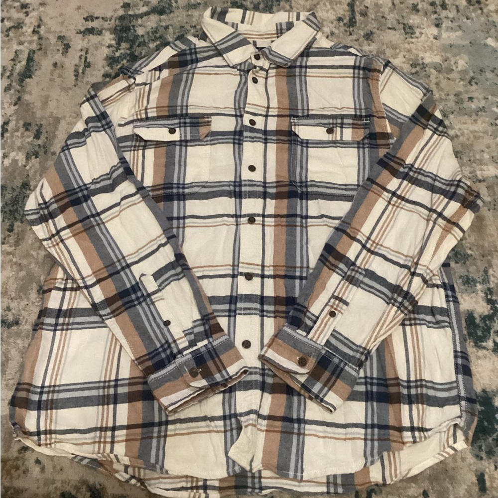 George Men's Casual Button Down Shirt - Blue, Brown, and Cream Plaid